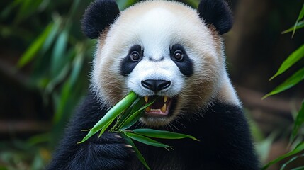 Panda eating bamboo in lush forest