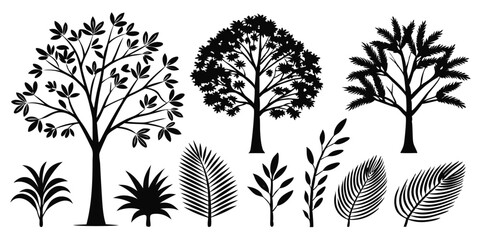 Vector Collection of Black Silhouette Trees and Tropical Leaves Set for Nature and Botanical Design