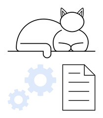Outline of a resting cat beside a document and two gears, symbolizing workflow, efficiency, organization, creativity, teamwork, productivity, and strategic planning. Flat simple metaphor