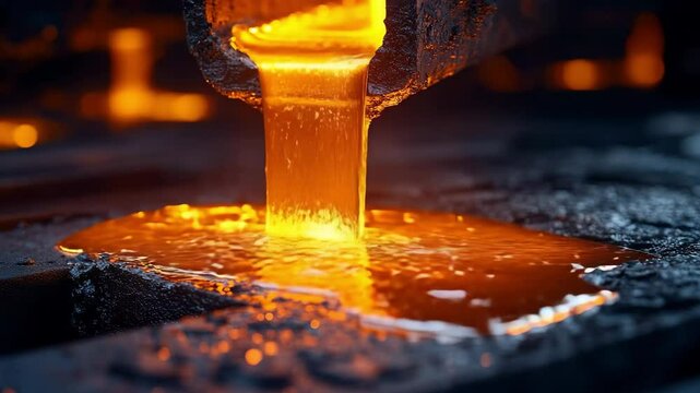 Molten plastic condensate drips with an intense orange glow into a collection surface at a pyrolysis plant. A vivid, high-heat scene symbolizing the transformation of plastic waste into usable fuel.