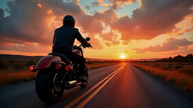 A man enjoys a relaxing ride on his motorcycle along a scenic road, basking in the warm sunshine and feeling the breeze.