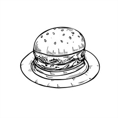 Smash burger served on round paper plate vector line art black ink sketch. traditional American homemade healthy BBQ beef sandwich with sesame seeds for restaurant menus, family weekend concepts.
