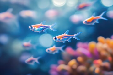 Vibrant cardinal tetras swim in a colorful, coral-filled aquarium.