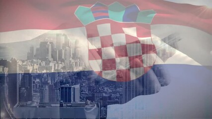 Croatian flag waving over gray city skyline, showing handshake silhouette under bright sun flare - Powered by Adobe