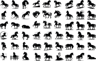 Horse Silhouette Vector Set | Running Wild Animal Icons Horse Outline and Silhouette Collection | Farm & Wild Animal Clipart