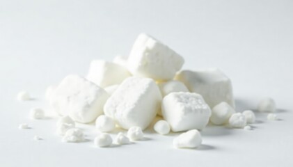 Lumps of white sugar against a white backdrop, closeup, diet, candy