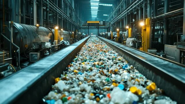 A gritty industrial scene shows a conveyor carrying mixed plastic waste into a glowing pyrolysis reactor. Sparks and moody lighting, the intense, high-heat process of waste to energy conversion