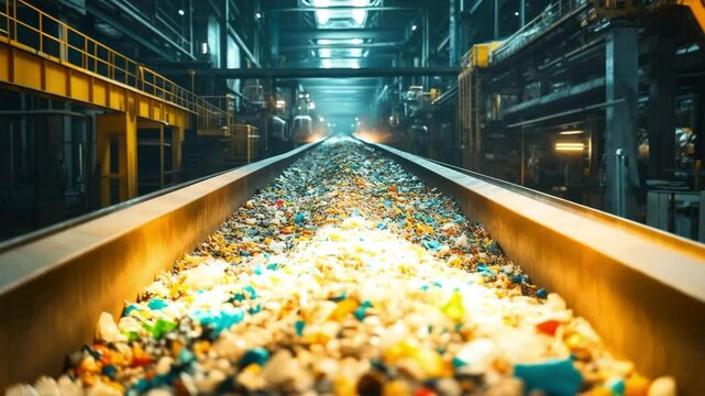 Conveyor belt filled with colorful mixed plastic waste streams through an expansive industrial plant toward a pyrolysis reactor, under intense gritty lighting and scattered sparks, recycling energy