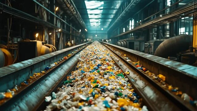 A conveyor system transports mixed plastic waste through a gritty industrial facility toward a pyrolysis reactor, under dramatic lighting, innovation in recycling and sustainable waste management.