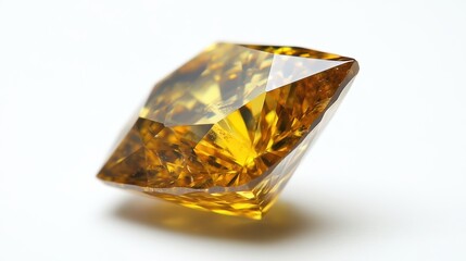 Macro shot of a bright yellow diamond with perfect clarity and brilliant shine, isolated on white background