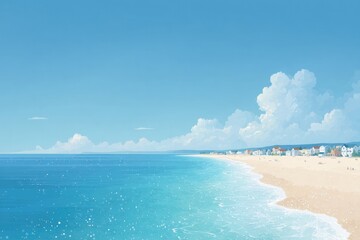 Fototapeta premium illustrated coastal landscape with vibrant beach elements showcasing minimalistic style for serene appeal