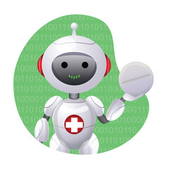 Medical Robot with Smiling Expression Holding Pill