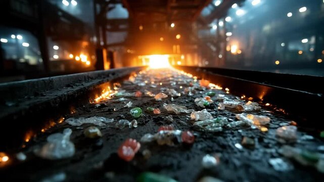 A gritty industrial scene shows a conveyor carrying mixed plastic waste into a glowing pyrolysis reactor. Sparks and moody lighting, the intense, high-heat process of waste to energy conversion