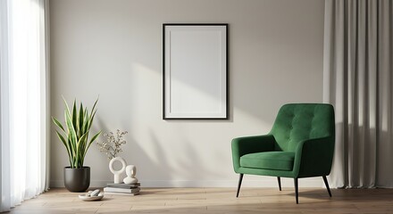 Modern Interior Design Green Velvet Armchair, Minimalist Decor, and Blank Canvas for Artwork