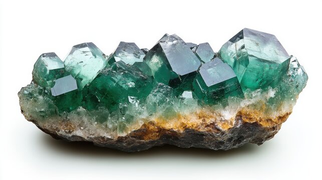 Close-up of an emerald gemstone with rich green hue and intricate cuts, isolated on white background