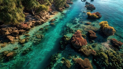 Midday light tropical coastline concept. Aerial view of a vibrant coral reef with clear turquoise waters and rocky formations.
