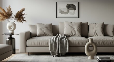 Serene Minimalist Living Room Interior Design Neutral Tones, Comfortable Sofa, and Elegant Decor