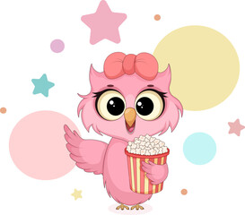 Cute pink owl with popcorn and stars