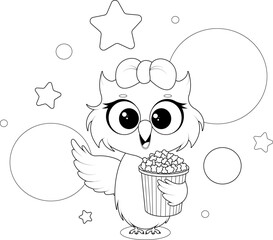 Coloring page with cartoon owl holding popcorn