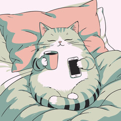 A flat, minimalist digital illustration of a lazy cat sitting or slouching in bed, holding a coffee mug in one paw and a smartphone in the other. The cat is wrapped in a blanket or has a messy 