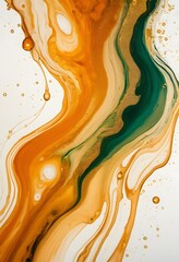 Fototapeta premium Abstract Fluid Art with Gold, Orange, and Green Ink Swirls on White Background - Vibrant Marble Texture for Modern Design, Luxury Branding, and Creative Decor