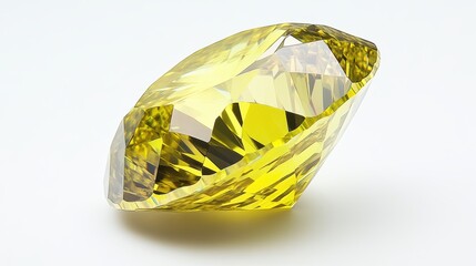 Close-up of a bright yellow diamond with clear, shining facets, isolated on white background