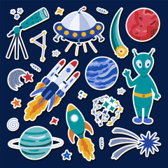 Cute cartoon sticker set about space, astronomy for planners, notebooks. Ready for print list of childish stickers with clipart of UFO, alien, spaceship, space rocket, telescope, Mars. Diary layout.