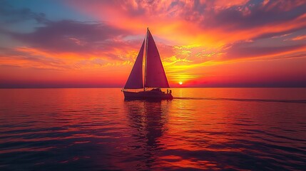 The silhouette of a sailboat on the horizon during a colorful sunset