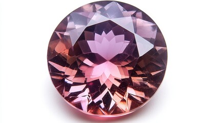 Realistic close-up of a round-cut ruby with rich color and clear shine, isolated on white background