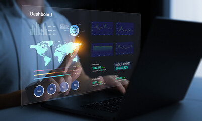 Management data System KPI connected in database for follow earnings,operations and sales data.Businessman using KPI dashboard.Financial business data analytics graph dashboard.