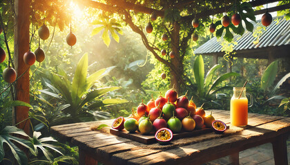 A rustic outdoor scene featuring a wooden table filled with fresh, vibrant passion fruits