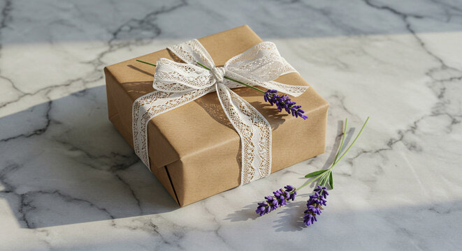 Gift box wrapped in brown paper and lace ribbon with lavender on marble