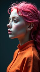Fototapeta premium Young female with pink hair in orange attire posing in profile against dark background.