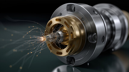 close up view of metallic component showcasing intricate details, featuring blend of silver and gold tones. image captures moment of energy discharge, with sparks and light emanating from center