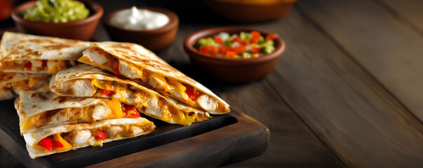 Creative food template. Grilled chicken, melted cheese, bell peppers mexican quesadilla tortilla with guacamole and sour cream sauce on rustic wooden background. copy text space. long banner


