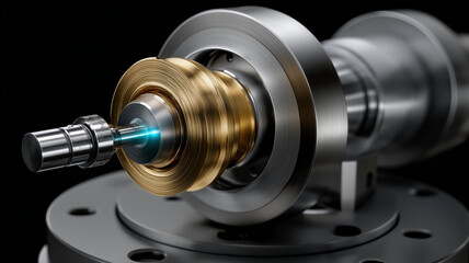 This showcases close up view of advanced laser optics technology, featuring metallic component with golden circular element, emphasizing precision engineering and innovation. intricate details