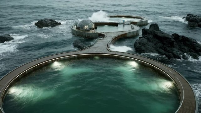 A futuristic Oscillating Water Column (OWC) wave energy generator complex built along a rocky shoreline, featuring circular seawater pools connected by pathways, illuminated by underwater lights under