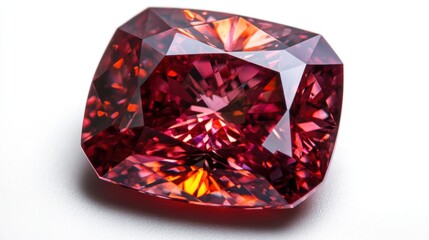 Fototapeta premium Macro shot of a radiant-cut ruby with brilliant sparkle and fiery reflections, isolated on white background