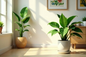 A single houseplant in a sunlit room, viewed from a distance , quiet, indoor
