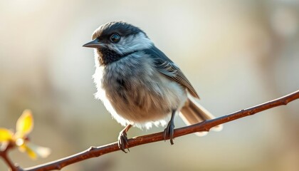 Fototapeta premium Big-eyed chickadee perched on a slender branch, spring sunlight dappling feathers, fauna, sunshine