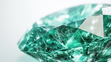 Close-up of an emerald with vibrant green hue and visible inclusions, isolated on white background