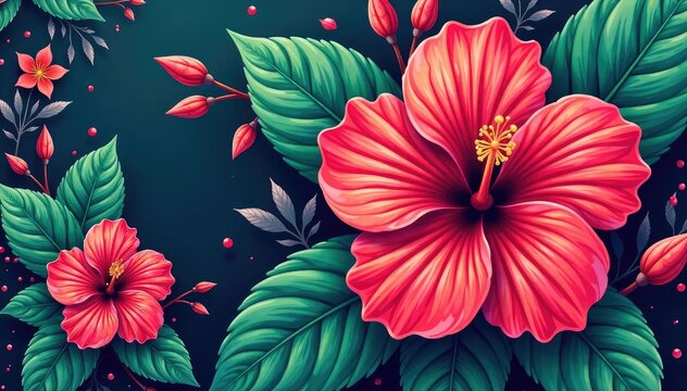 Bold graphic hibiscus print, vibrant tropical colors, print, graphic, hibiscus