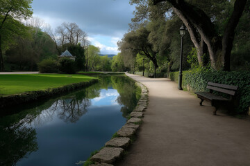 Fototapeta premium Pathway reflections in quiet park create serene mood, showcasing lush greenery, calm river, and peaceful walking path under cloudy sky