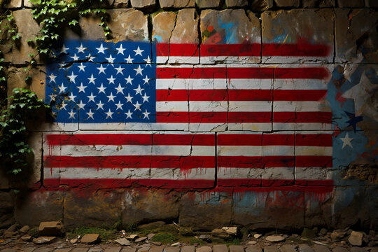 Amerikanische Flagge als Streetart auf verwitterter Steinmauer mit Efeu – urban, patriotisch und ausdrucksstark für politische oder kulturelle Themen.