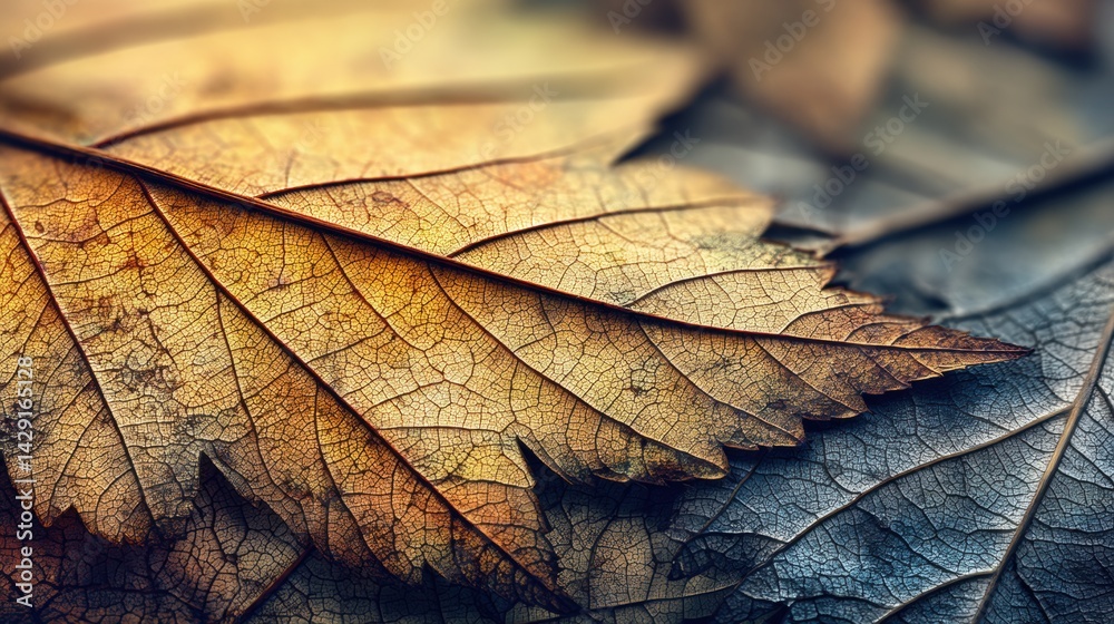 Aufkleber Close-up View of a Dry Autumn Leaf Showcasing Intricate Edges and Visible Cracks Under Soft Lighting
