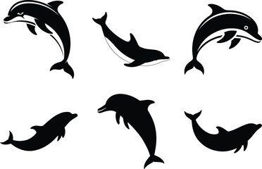 Obraz premium Minimal Dolphin Silhouette Vector Illustration Bundle. Jumping Dolphin, Elegant Dolphin Outline, Playful Dolphin, Stylish Dolphin, Swimming Dolphin -Tropical Ocean Animal Design.