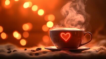 A steamy cup of cappuccino with heart latte art in a cozy cafe