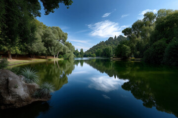 Obraz premium tranquil lake surrounded by lush greenery and trees, reflecting blue sky and clouds, creating serene atmosphere. calm water enhances peaceful vibe of nature