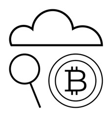 Cloud outline, search magnifying glass, and Bitcoin coin symbol represent data storage, cryptocurrency, blockchain, and digital finance. Ideal for fintech, research, analytics cloud security