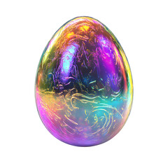 Glittery Easter egg with liquidy patterns, reflective surface, isolated against a white background